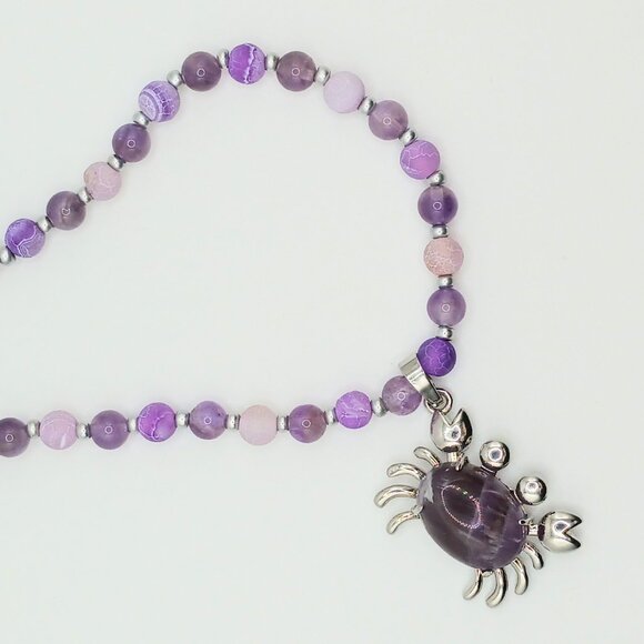 Purple Amethyst Beaded Handmade 18 Inch Necklace With Crab Pendant - Picture 2 of 4